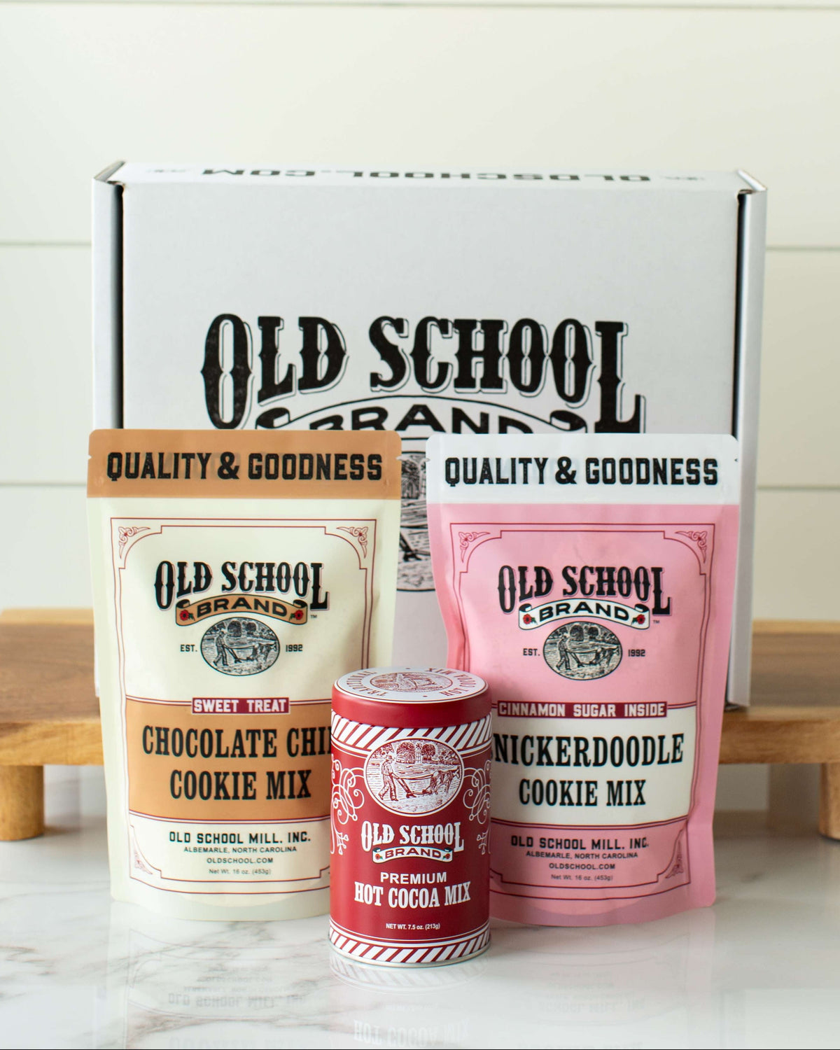 Fireside Favorites Gift Box, chocolate chip cookie, snickerdoodle cookie, old school hot cocoa mix